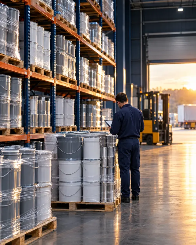 Paletes de latas e baldes de tinta industrial prontos para expedição em um armazém