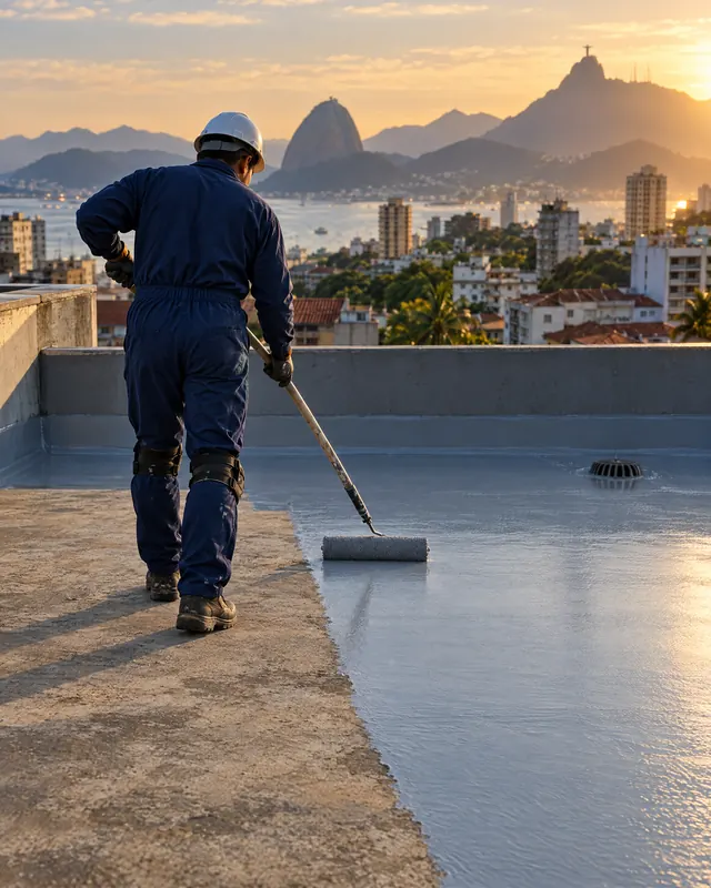 Profissional aplica manta líquida de impermeabilização na laje de cobertura de um prédio no Rio
