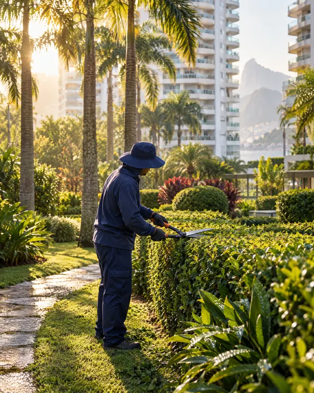 Jardineiro poda uma cerca viva no jardim tropical de um condomínio residencial
