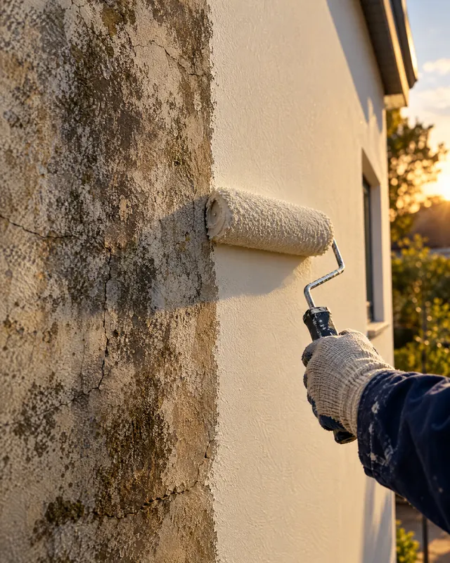 Rolo de pintura cobrindo uma parede externa desgastada com tinta nova