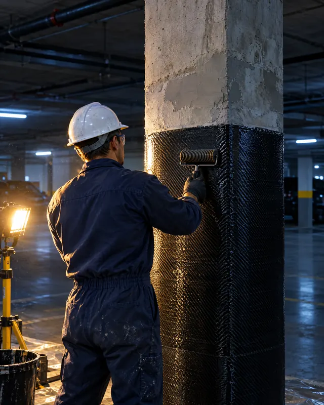 Técnico aplica reforço de fibra de carbono em um pilar de concreto na garagem de um prédio