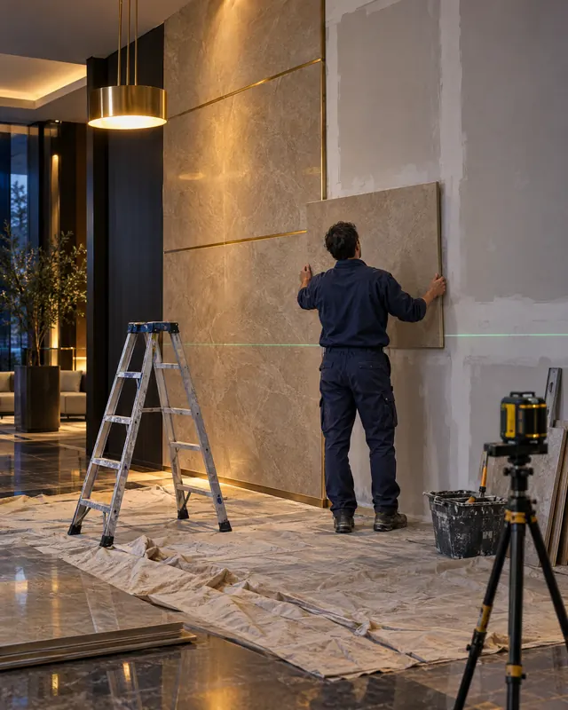 Profissional instala painéis de revestimento no hall de entrada de um prédio residencial em reforma